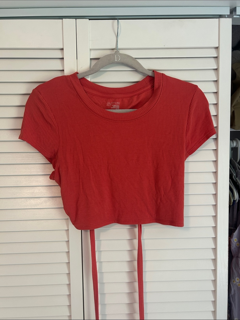 aerie Red Ribbed Tie-Back Crop Tee